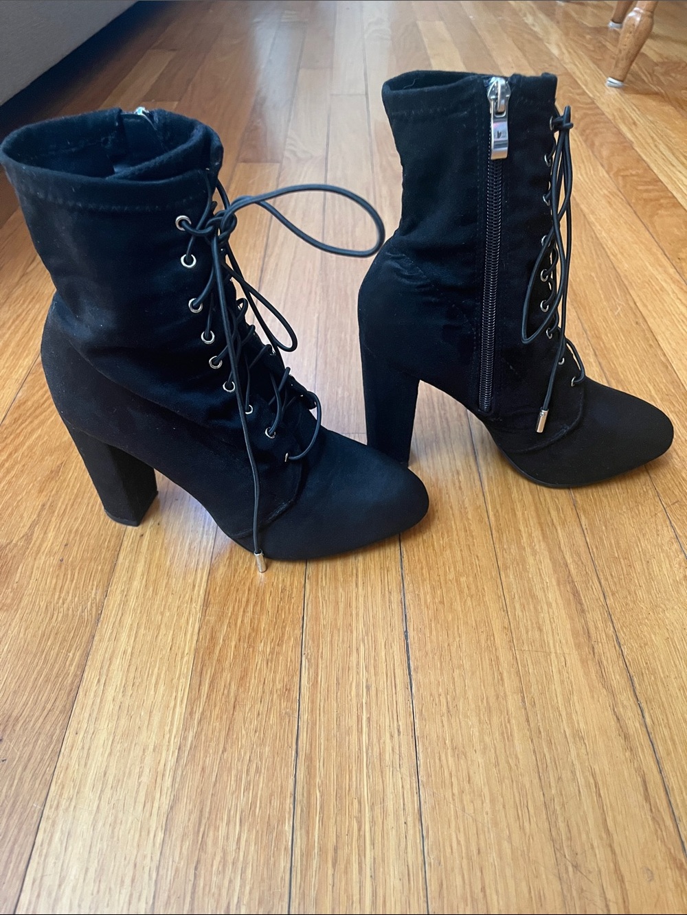 Black Lace-Up Suede Ankle Boots - Women's